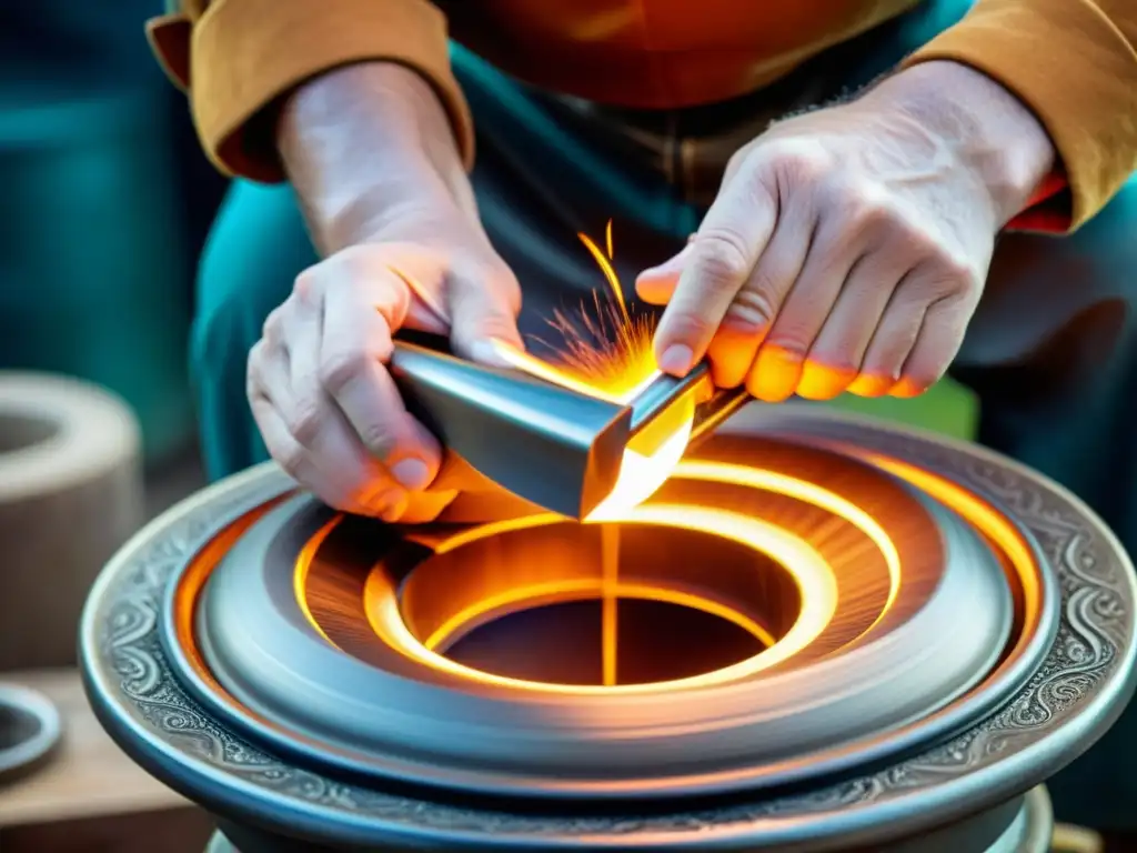 Un artista experto da forma a metal fundido y cerámica, fusionando colores y texturas en un diseño intrincado