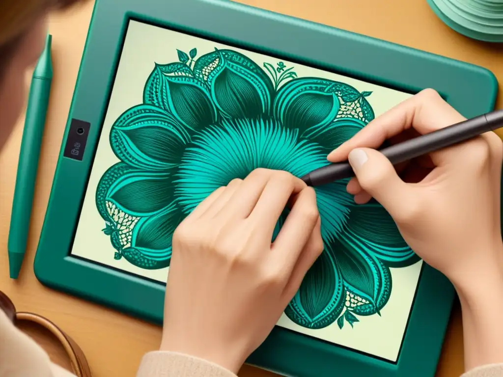 Un artista experto crea una obra digital detallada con una tableta vintage