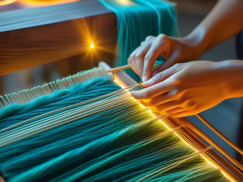 Tejido luminiscente: fusionando arte y biotecnología Un artista crea una hermosa tapicería brillante, mostrando la simbiosis entre bioarte y artesanía en una escena vintage y cautivadora