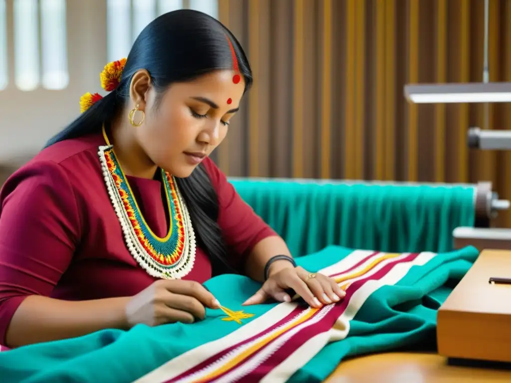 Artista indígena bordando meticulosamente un patrón textil vibrante, mientras se preserva digitalmente la iconografía en un laboratorio moderno