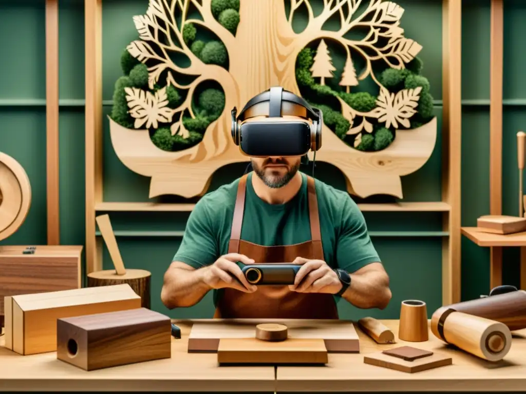 Un artista de la madera utiliza la realidad virtual para crear una escultura detallada en un bosque digital, fusionando tradición y tecnología