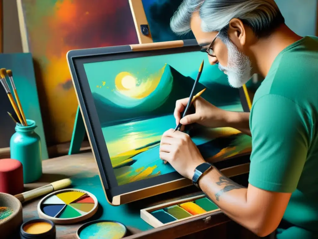 Artista crea obra maestra con técnica de óleo en tableta gráfica, rodeado de ambiente artístico y paleta de colores vibrantes