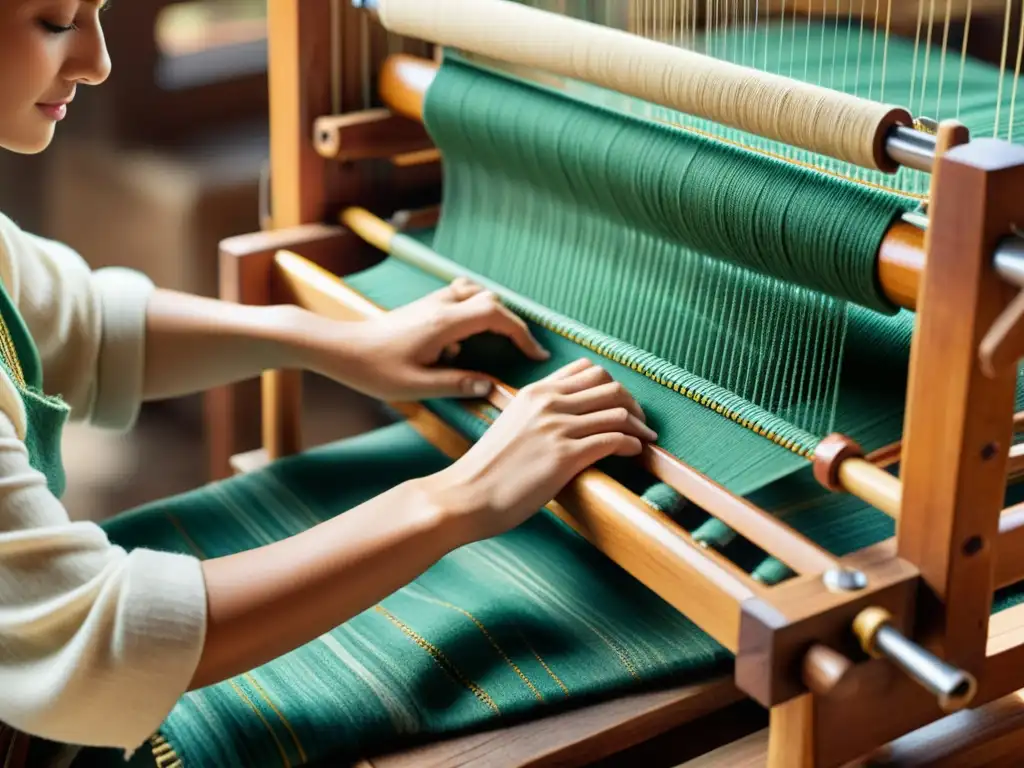 Artista tejiendo patrones en telar de madera rodeado de hilos terrosos y textiles vibrantes, evocando la artesanía sostenible en la era digital