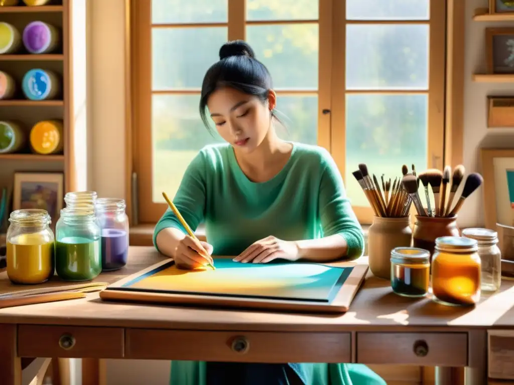 Un artista combina la pintura tradicional con tableta gráfica en un estudio bañado por la cálida luz del sol, creando obras de arte innovadoras