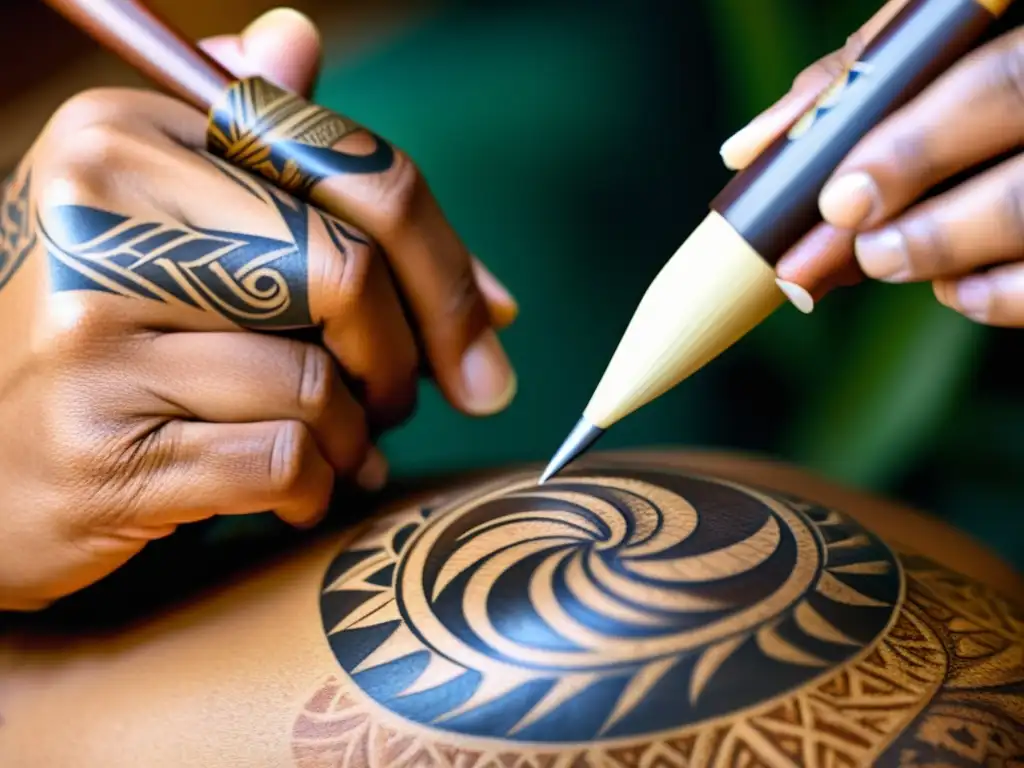 Un artista polinesio crea un tatuaje tradicional a mano, mostrando la meticulosidad y el impacto de los tatuajes polinesios