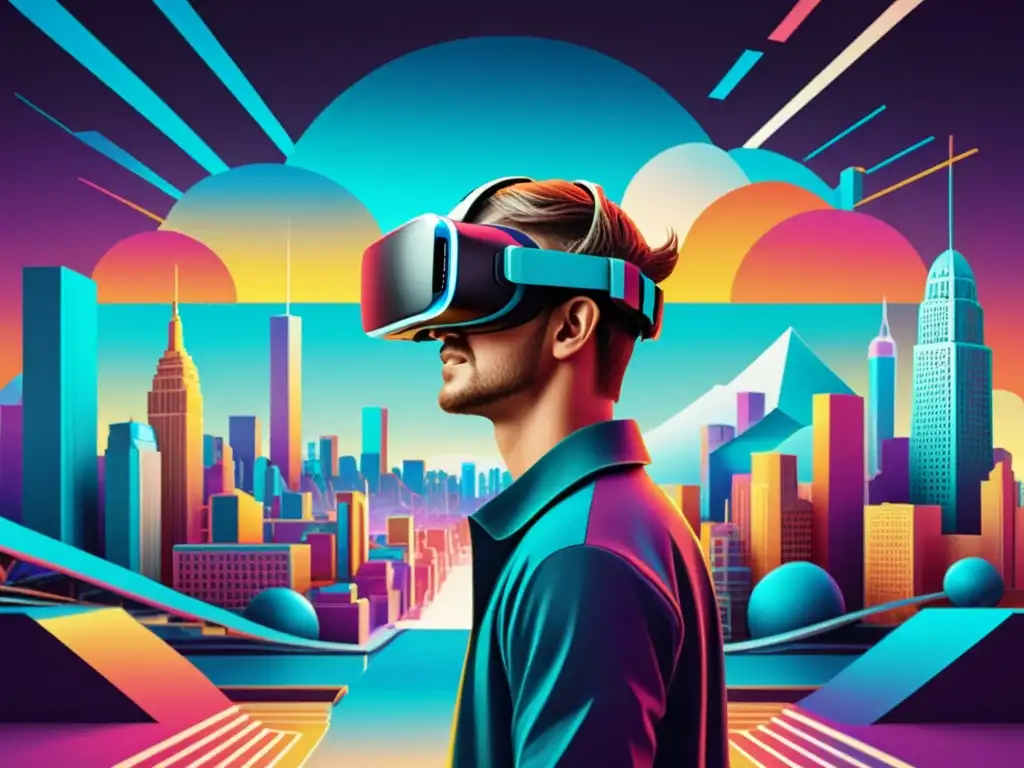 Un artista sumergido en realidad virtual crea una escultura 3D en una ciudad futurista, capturando la intersección de arte y tecnología