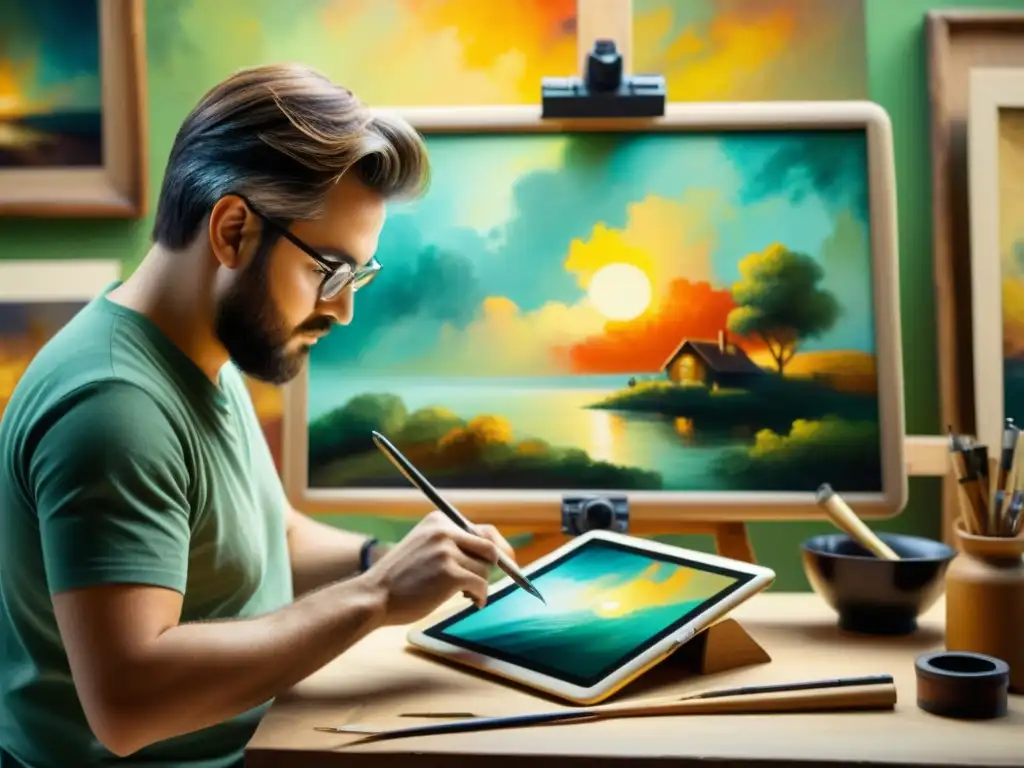 Un artista trabaja en una tableta gráfica rodeado de pinturas al óleo, fusionando técnicas tradicionales y digitales