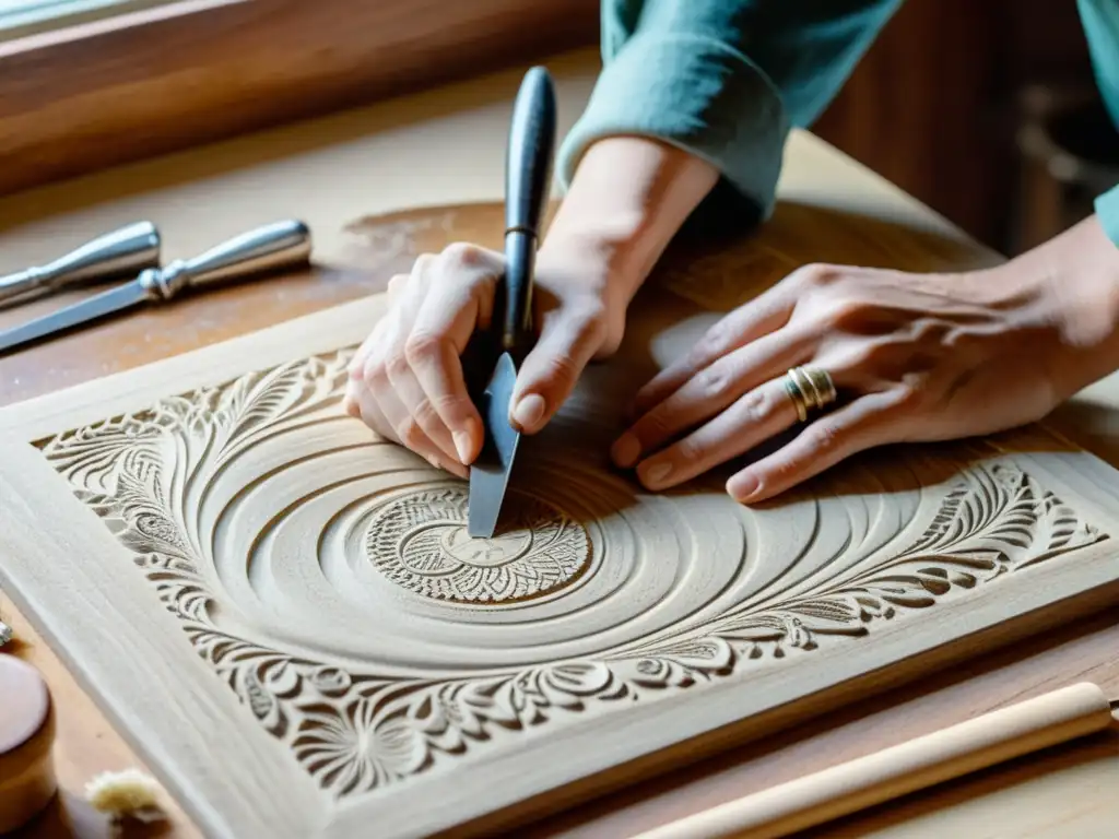 Un artista talla con cuidado una plancha de linóleo, destacando los detalles con luz natural