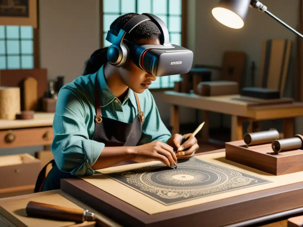 Un artista talla meticulosamente diseños en un bloque digital en un taller de impresión virtual, rodeado de prensas antiguas y herramientas vintage