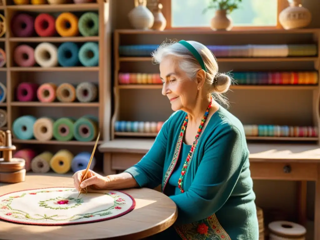 Artista bordando en un taller soleado, integrando diseño de bordados tradicionales en realidad virtual, con hilos y herramientas antiguas