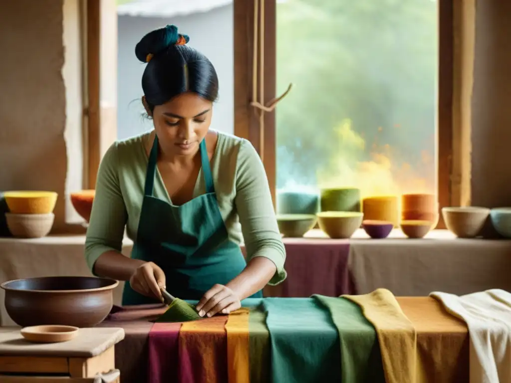 Artista tiñendo tela con tintes naturales, evocando moda artesanal digital en una atmósfera vintage y auténtica