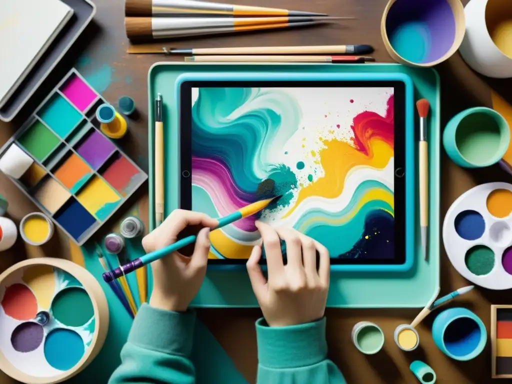 Un artista crea una vibrante pintura abstracta en una tablet, rodeado de suministros de arte tradicionales y tecnología moderna