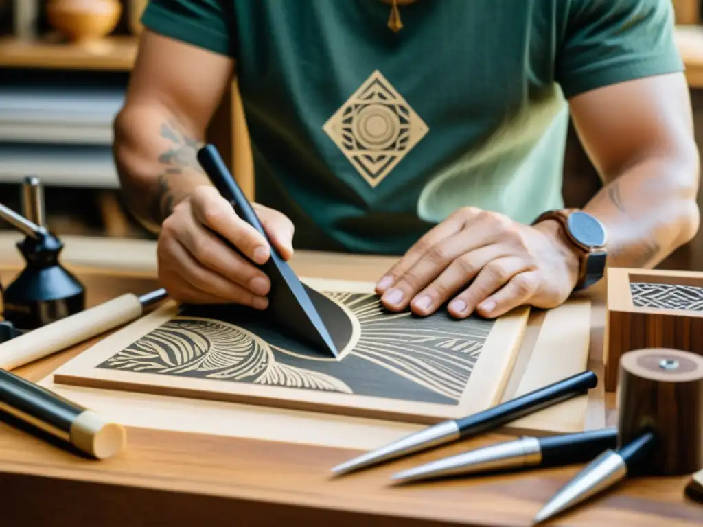 Un artista de xilografía tradicional talla con meticulosidad una detallada obra en madera rodeado de herramientas vintage