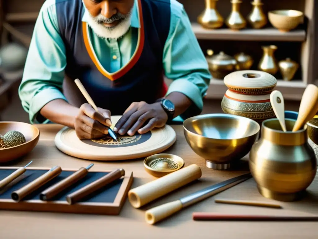 Artistas hábiles trabajan en artesanía tradicional rodeados de herramientas y dispositivos modernos, fusionando tradición con tecnología