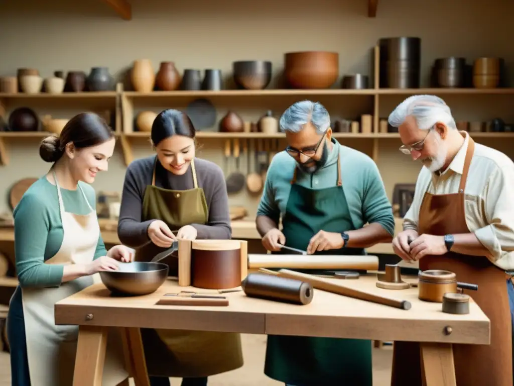 Artistas en talleres colaborativos artesanía digital, fusionando técnicas tradicionales y contemporáneas en un ambiente cálido y creativo