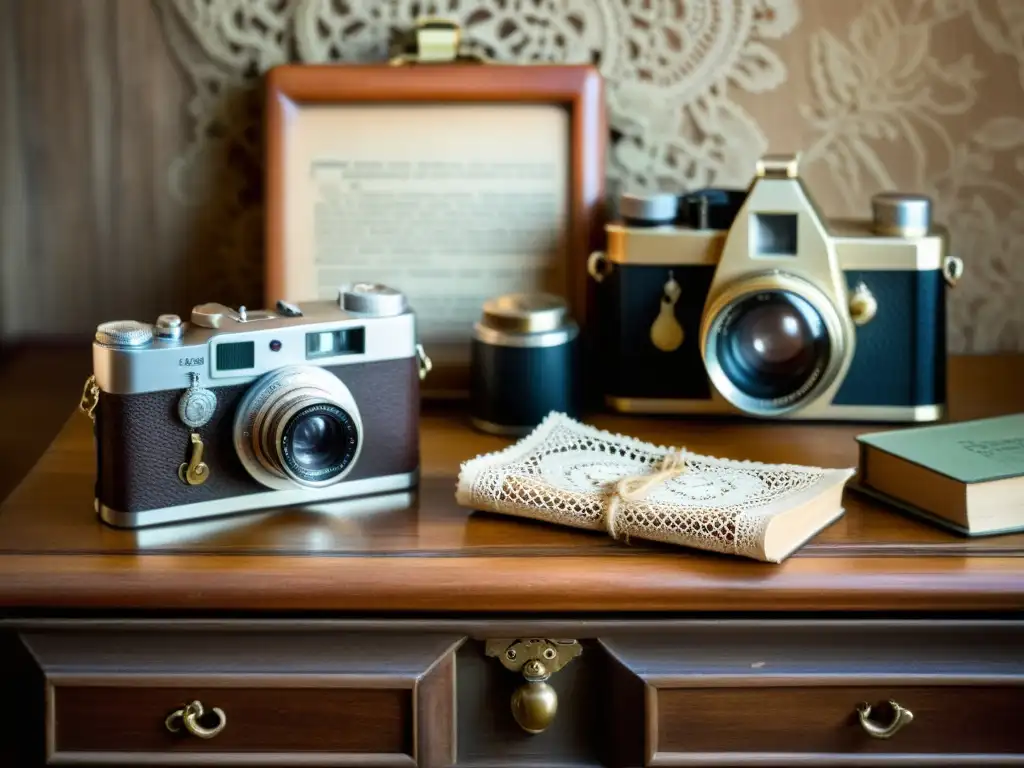 Una atmósfera nostálgica y atemporal, con fondos y props para fotografía artesanal cuidadosamente dispuestos en una mesa de madera envejecida