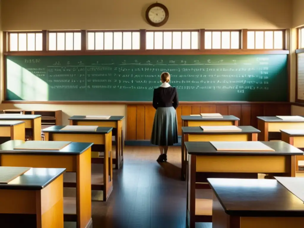 Un aula vintage con escritorios de madera, pizarrón lleno de ecuaciones, ventanas grandes con luz dorada