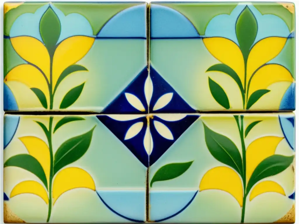 Un azulejo de cerámica vintage con patrones florales y geométricos en azules, verdes y amarillos vibrantes