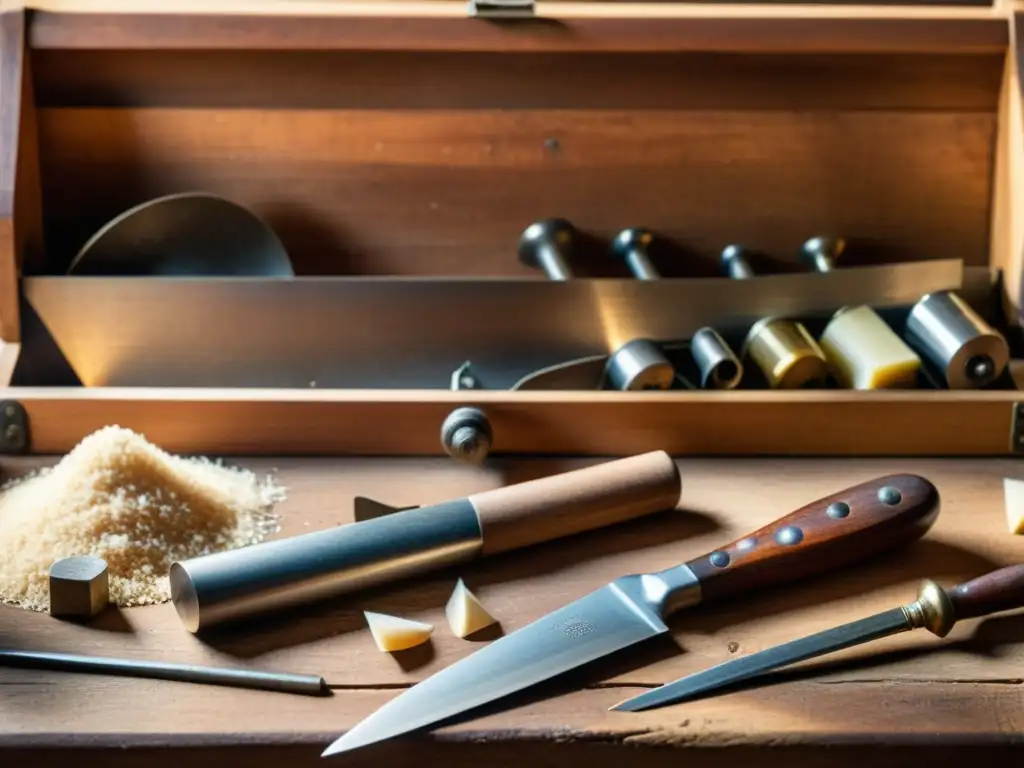 Un banco de trabajo antiguo cubierto de virutas de madera fina y herramientas de carpintería tradicionales