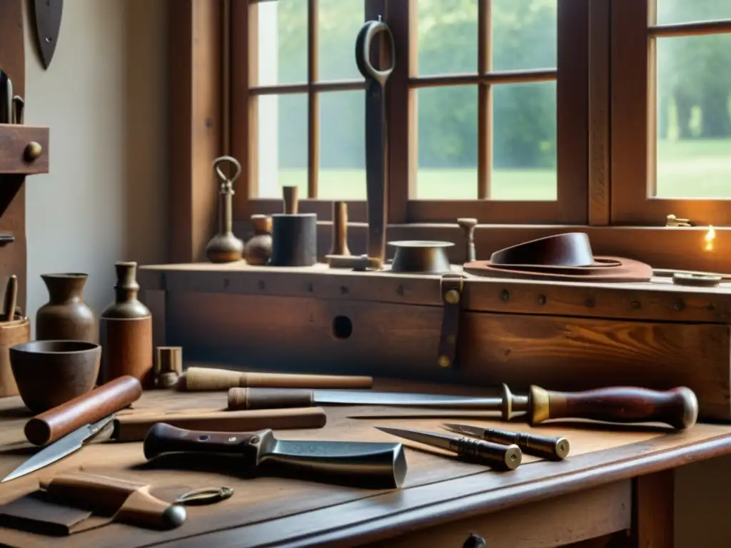 Un banco de trabajo de madera antiguo con herramientas artesanales vintage, iluminado por luz natural