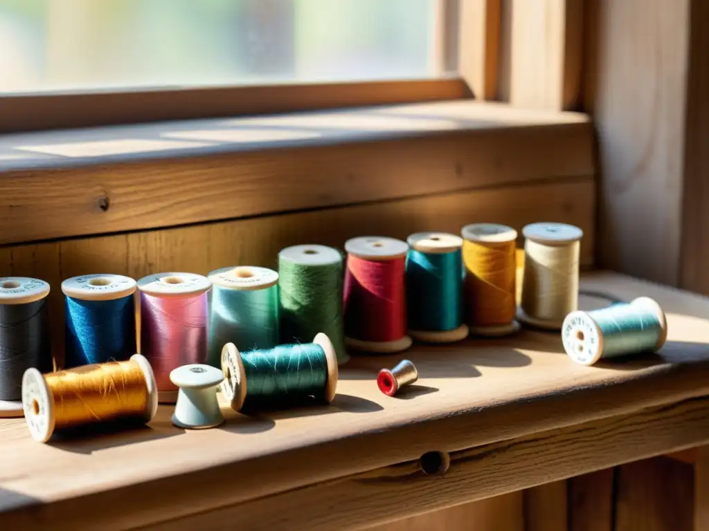 Un banco de trabajo de madera con hilos de colores, agujas antiguas y dedales vintage