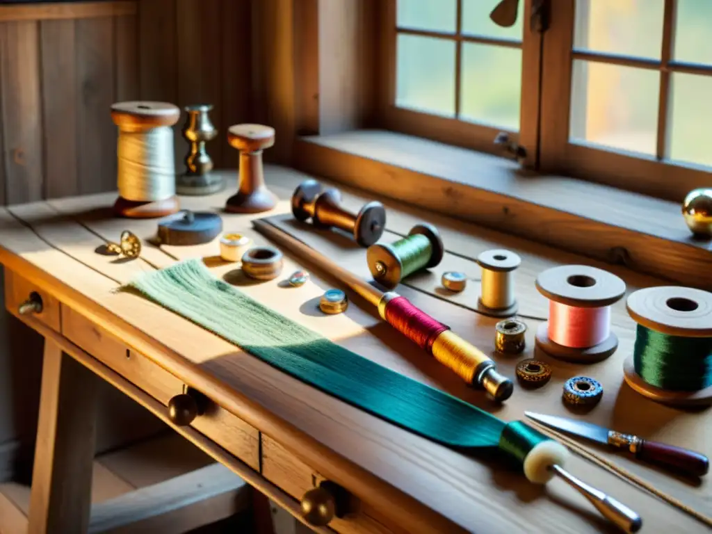 Un banco de trabajo de madera vintage con herramientas de tallado, hilos coloridos y joyería artesanal