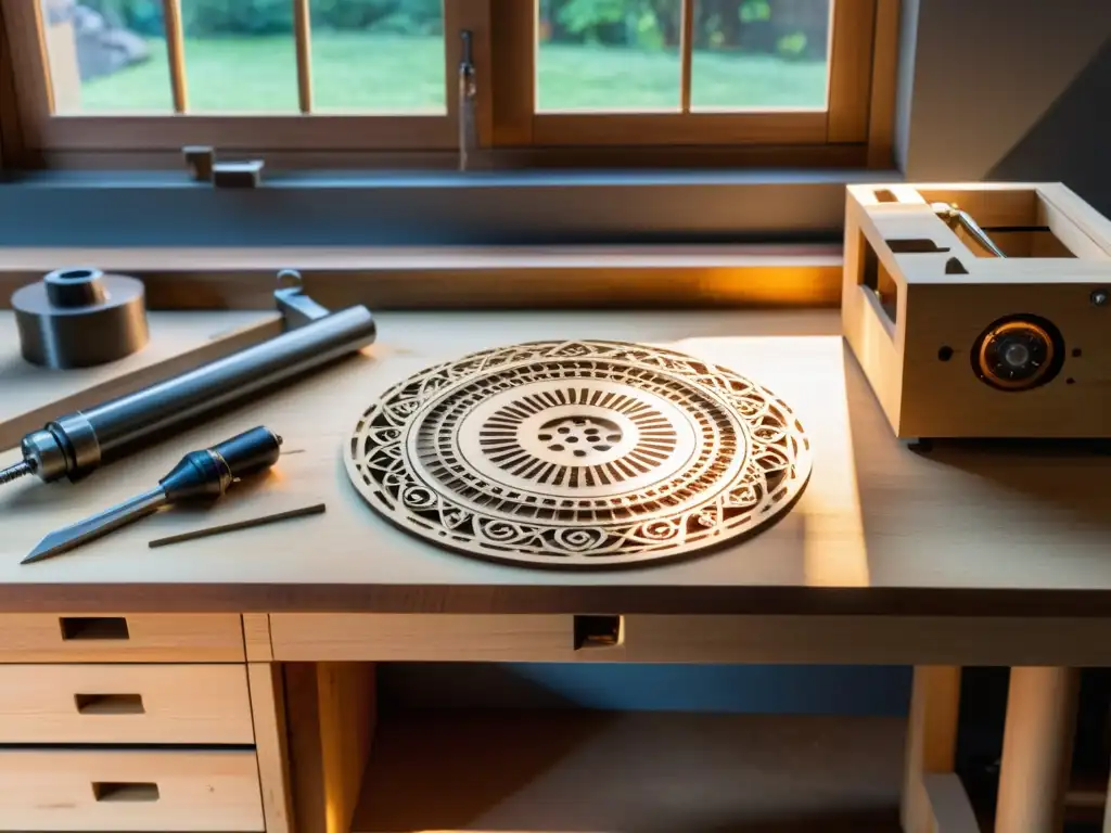 Un banco de trabajo rústico de madera con herramientas tradicionales y una máquina de corte láser