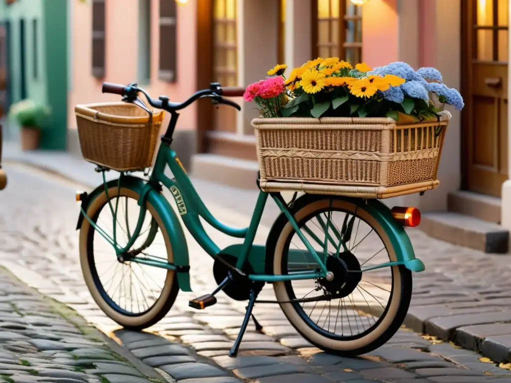 Una bicicleta de carga vintage con una cesta de mimbre llena de coloridas creaciones artesanales digitales en una calle empedrada