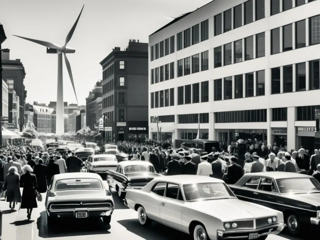 Una fotografía en blanco y negro de una bulliciosa calle de la ciudad, con autos antiguos y gente, contrastada con una moderna turbina eólica al fondo