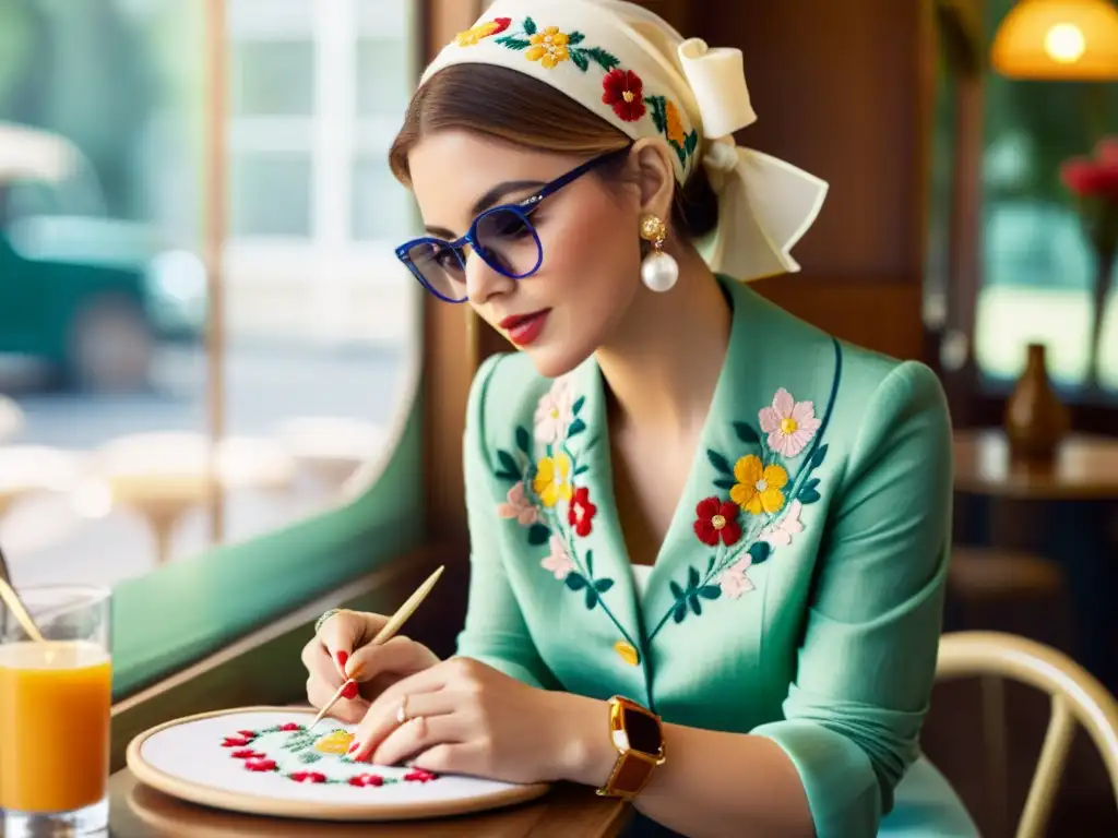 Blogger de moda bordando en café vintage, evocando la pasión por el bordado artesanal