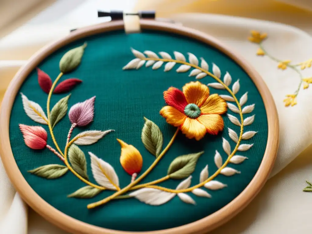 Bordado artesanal en blogs de moda: Detalle de un aro de bordado vintage con hilos coloridos en un patrón floral, iluminado por luz natural cálida