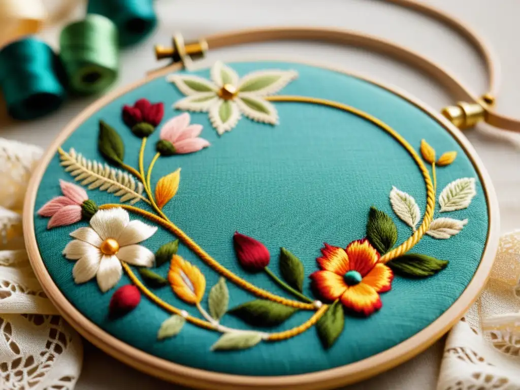 Bordado artesanal en blogs de moda: Detalle de aro con hilos coloridos sobre encaje antiguo, evocando la belleza nostálgica del bordado tradicional