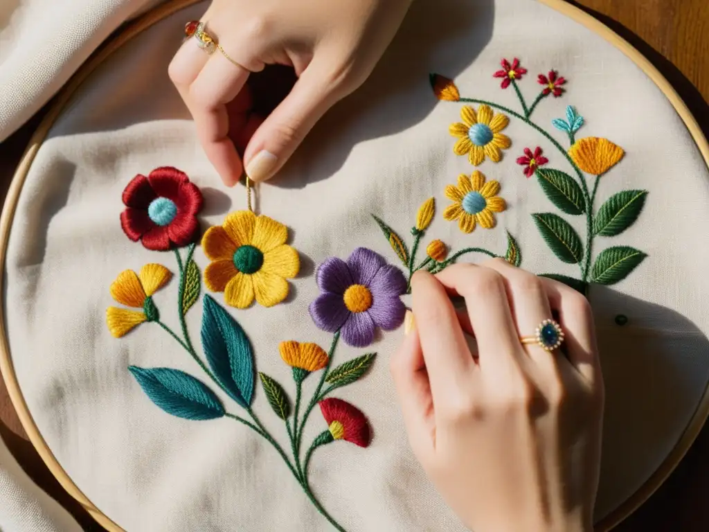 Bordado tradicional: manos delicadas bordando un patrón floral colorido en tela vintage, con anillos y pulseras, en un ambiente artesanal