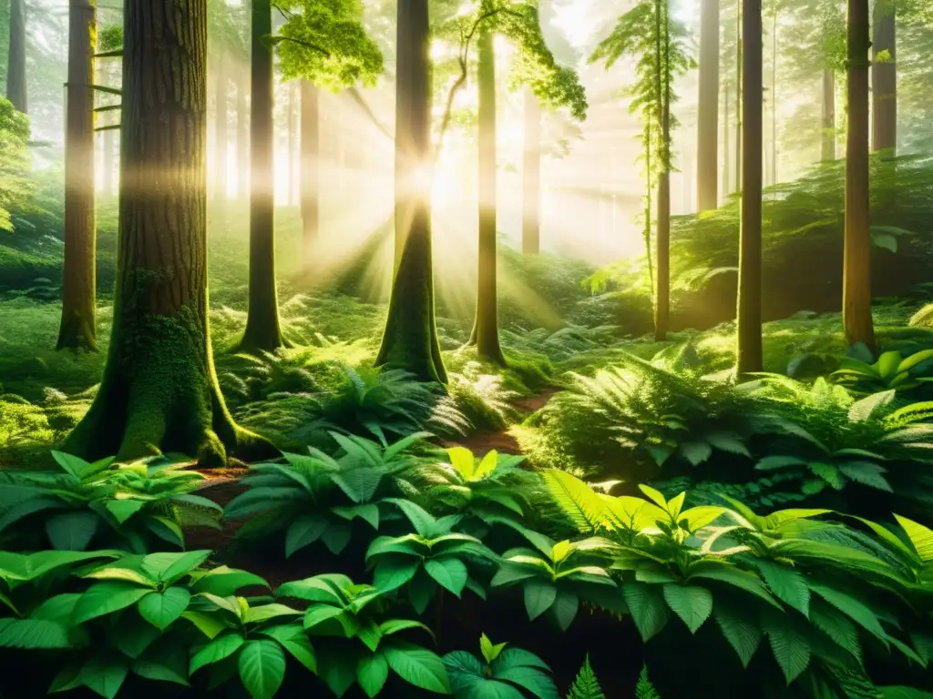 Un bosque exuberante bañado por la luz del sol, resaltando la belleza natural y la serenidad