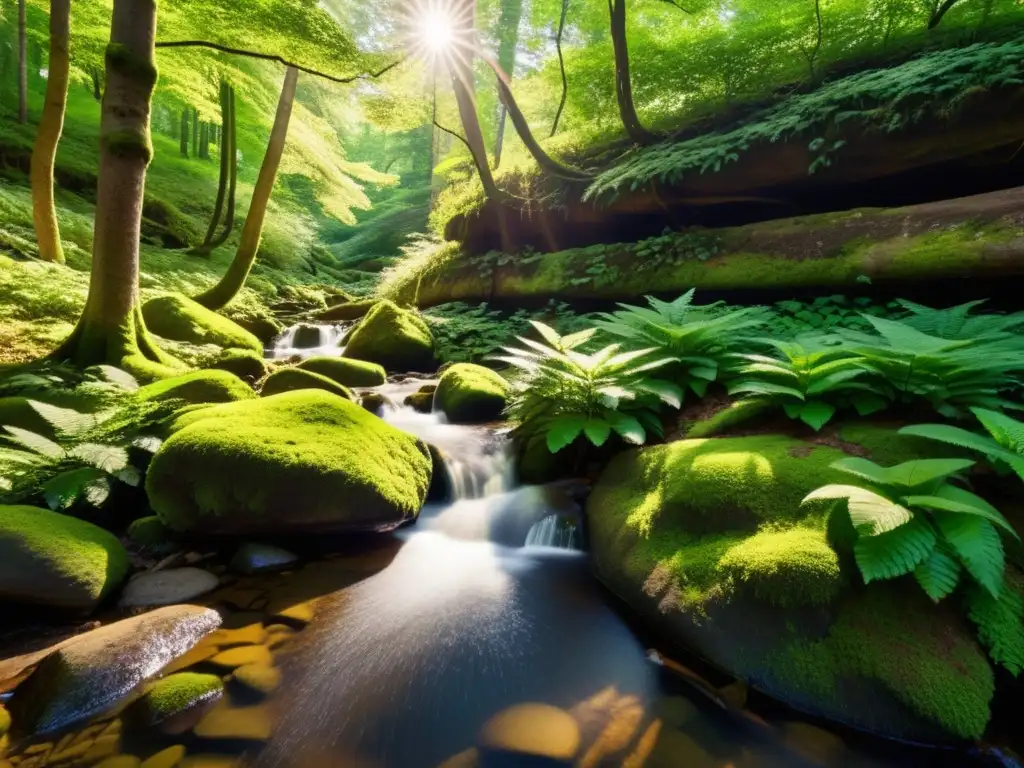 Un bosque exuberante y tranquilo, con luz solar entre las hojas, sombras en el suelo y musgo vibrante en árboles y rocas