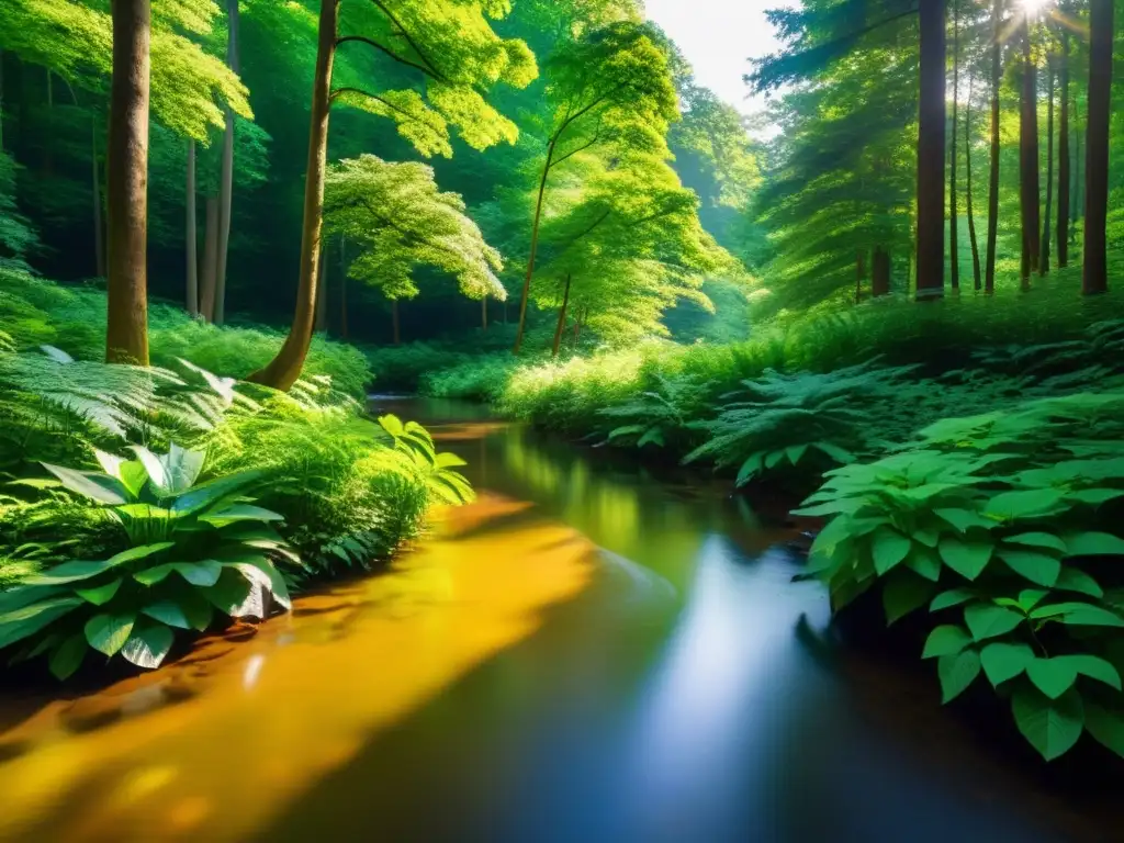 Un bosque exuberante y tranquilo con luz solar filtrándose entre el dosel, reflejando la belleza de la naturaleza