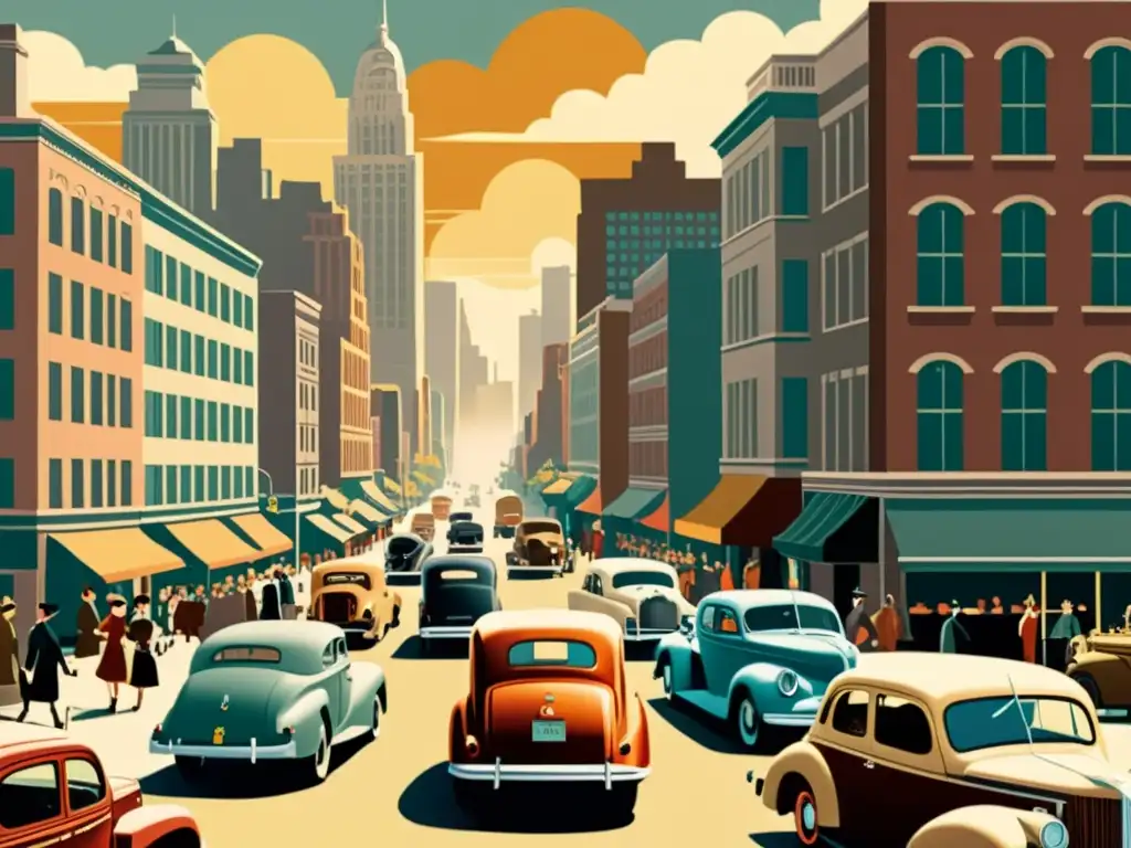 Una ilustración vintage de una bulliciosa calle de la ciudad con autos antiguos, edificios altos y personas vestidas con moda de los años 40