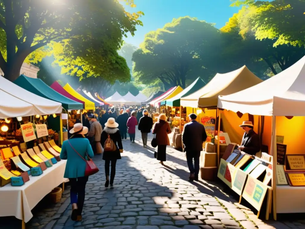 Una bulliciosa feria artesanal con personalización en el mercado digital, donde la luz dorada resalta las creaciones únicas y el ambiente acogedor