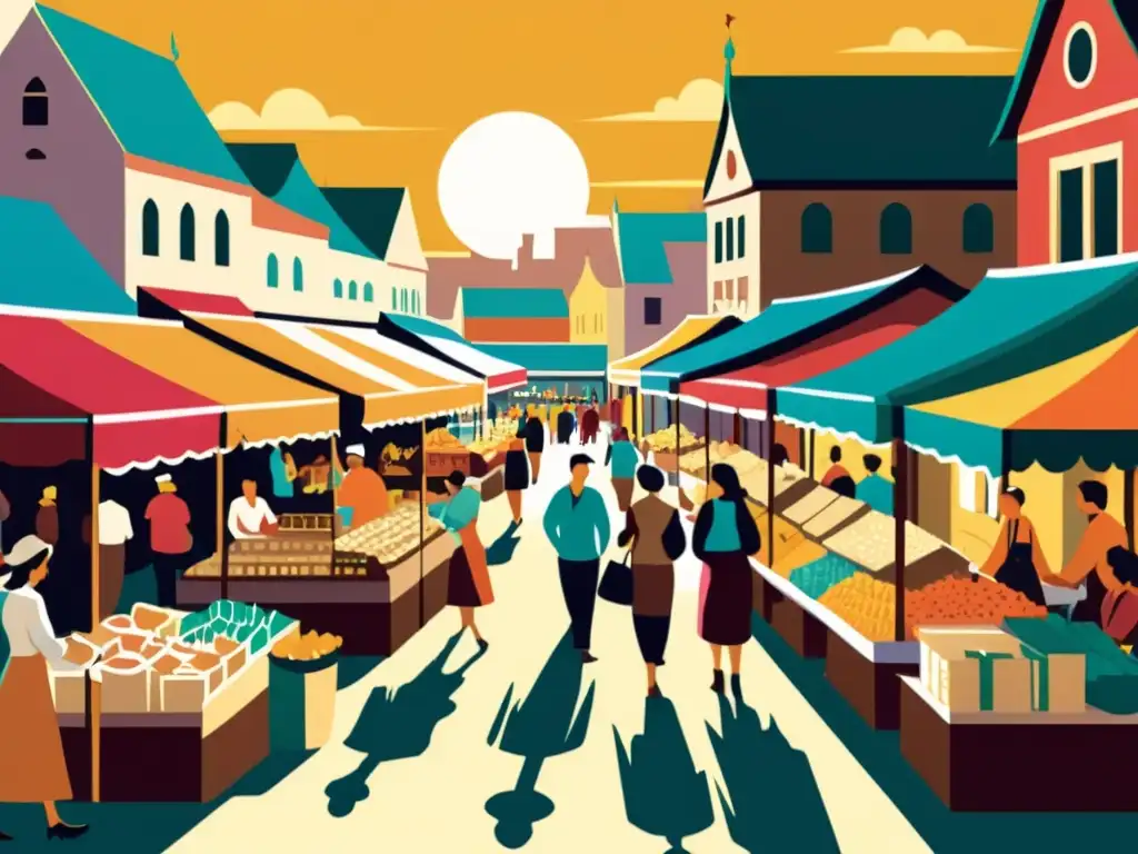 Una bulliciosa feria con artesanía tradicional en marketing digital: colores vibrantes, artesanos trabajando y clientes curioseando entre los puestos
