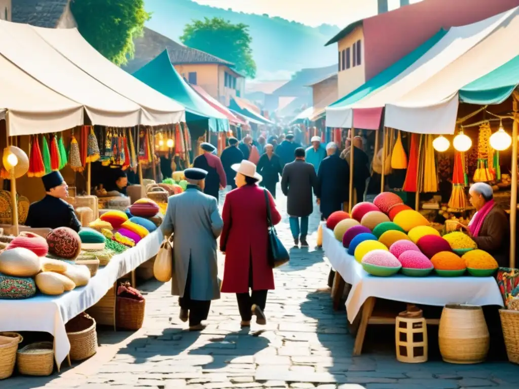 Una bulliciosa feria con artesanías coloridas y tradicionales, exudando calidez y autenticidad