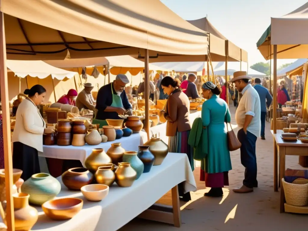 Una bulliciosa feria de artesanos con plataformas para vender artesanía colaborativa, bañada por la cálida luz dorada del atardecer