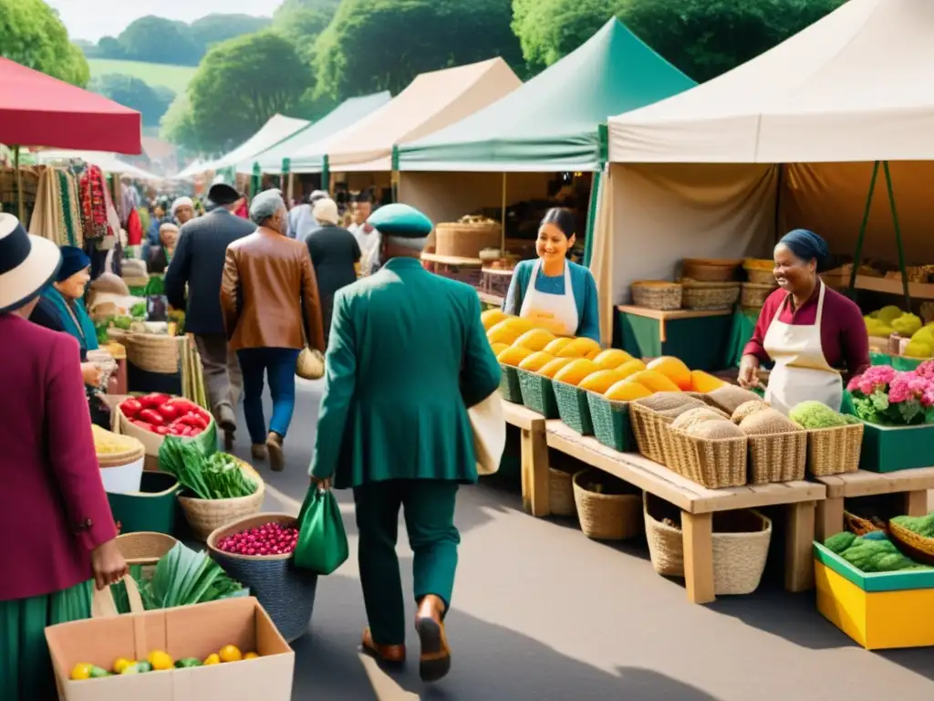 Una bulliciosa feria comunitaria con artesanías y productos sostenibles, reflejando la economía circular y la artesanía de la comunidad