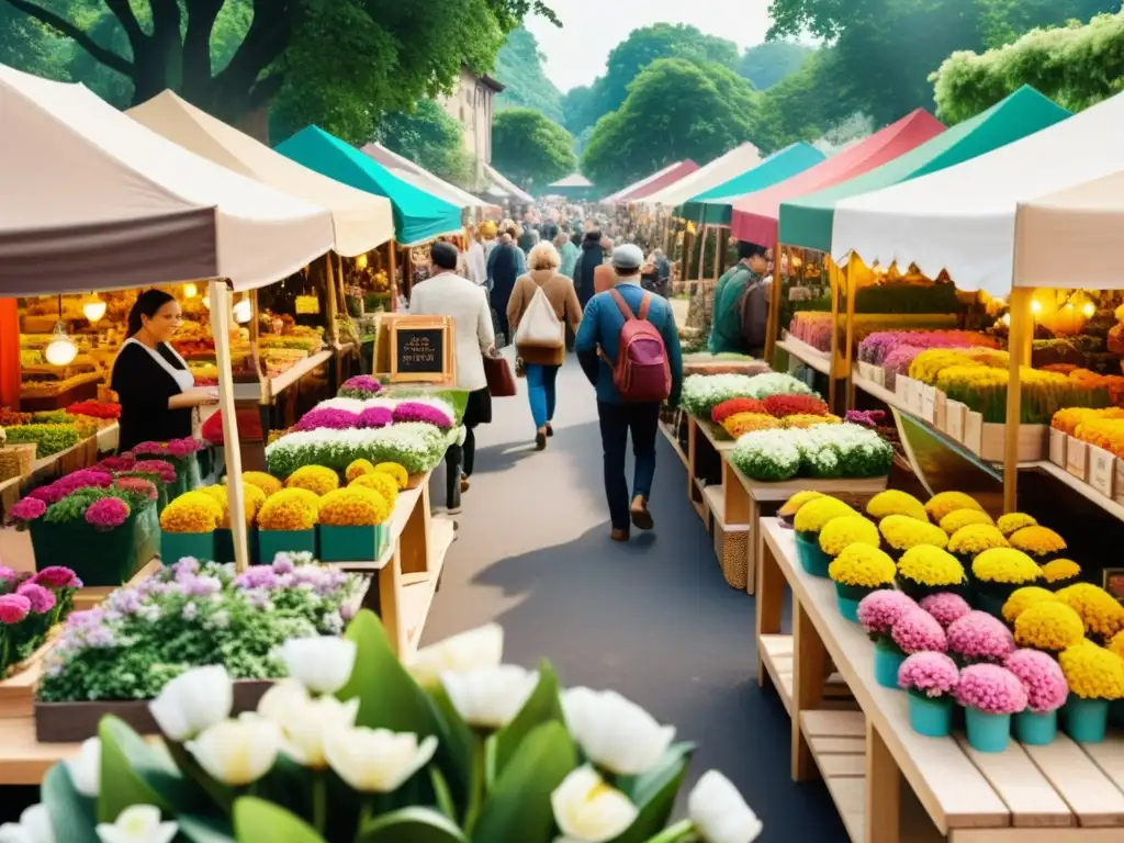 Un bullicioso mercado artesanal con artesanías digitales impacto ambiental, colores vibrantes y una atmósfera cálida y nostálgica