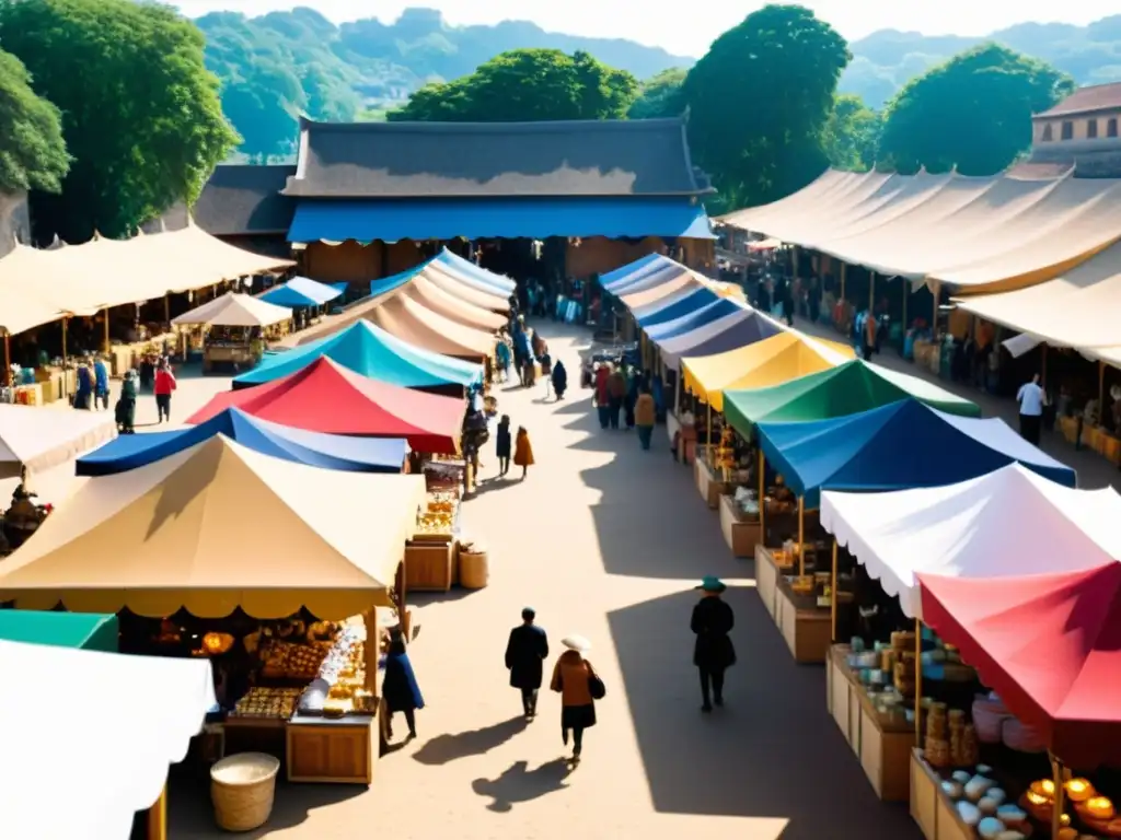 Un bullicioso mercado artesanal con coloridas artesanías bajo sombrillas vibrantes