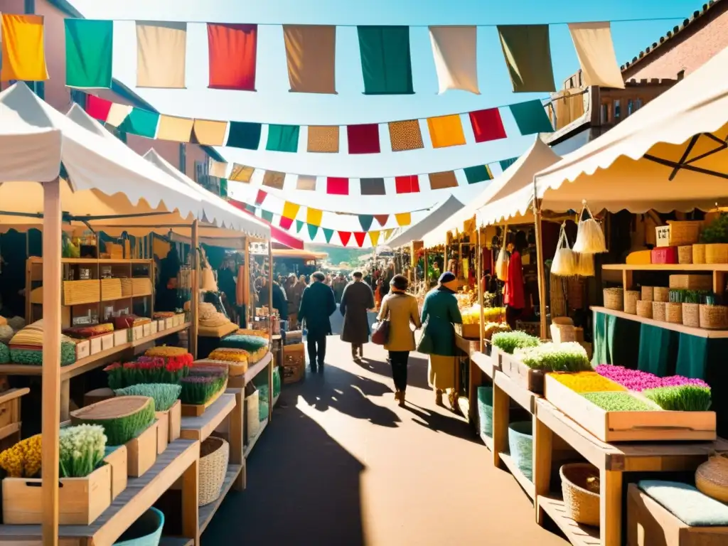 Un bullicioso mercado artesanal con productos coloridos en stands de madera