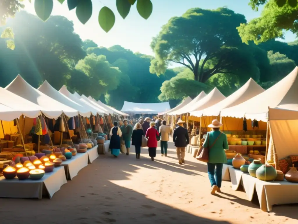 Una fotografía vintage de un bullicioso mercado artesanal, exhibiendo productos sostenibles y creatividad ecoconsciente