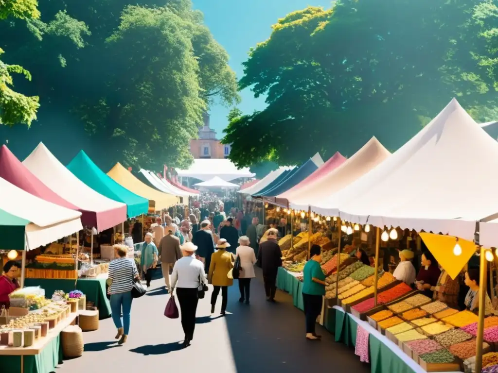 Mercado artesanal vibrante: tradición y creatividad Un bullicioso mercado artesanal con puestos de colores bajo toldos vintage