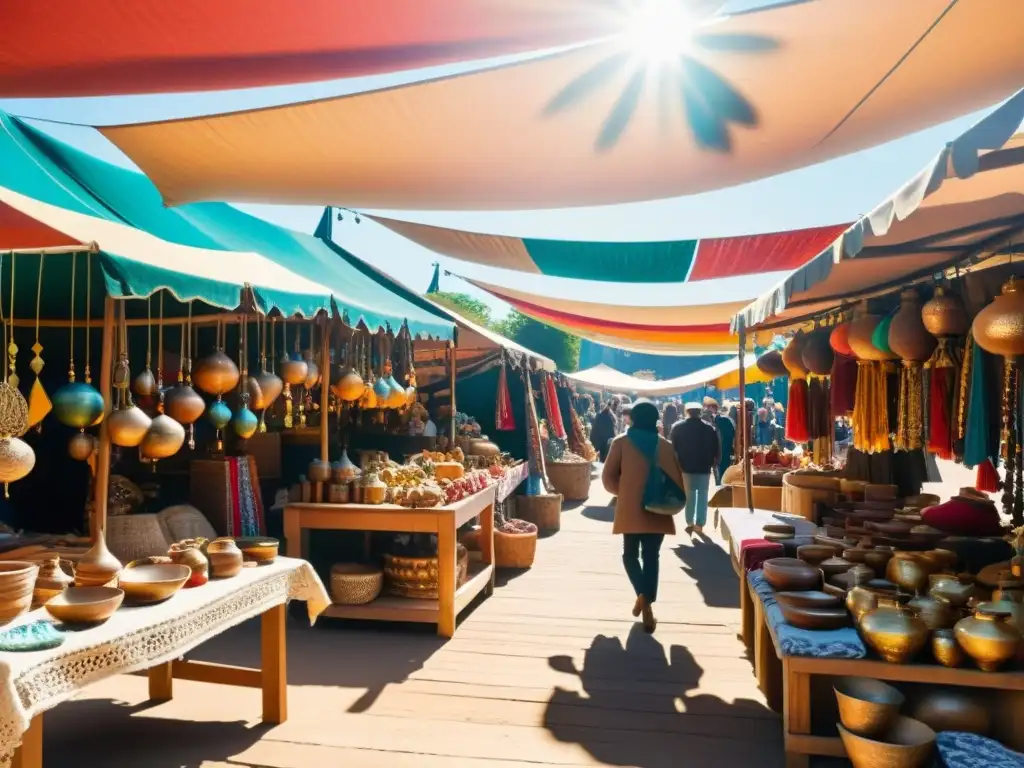 Un bullicioso mercado con artesanías coloridas de distintas culturas