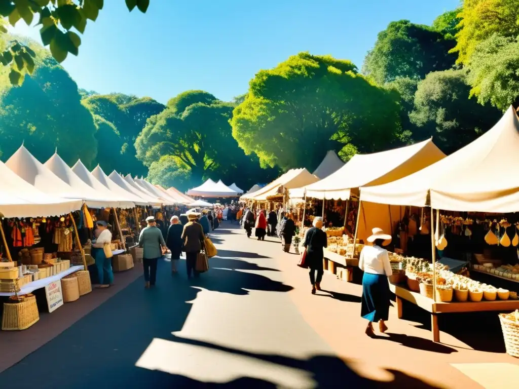 Un bullicioso mercado de artesanías, con puestos coloridos y productos únicos