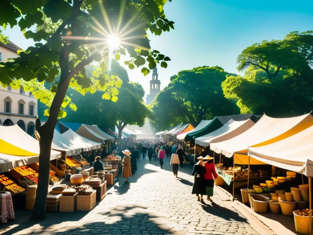 Un bullicioso mercado de artesanías vintage con coloridos puestos de artesanía, joyería y textiles hechos a mano